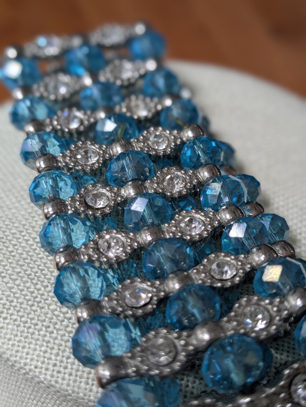 Blue Crystal & Rhinestone Stretch Bracelet | Silver Tone Multi-Row Sparkle